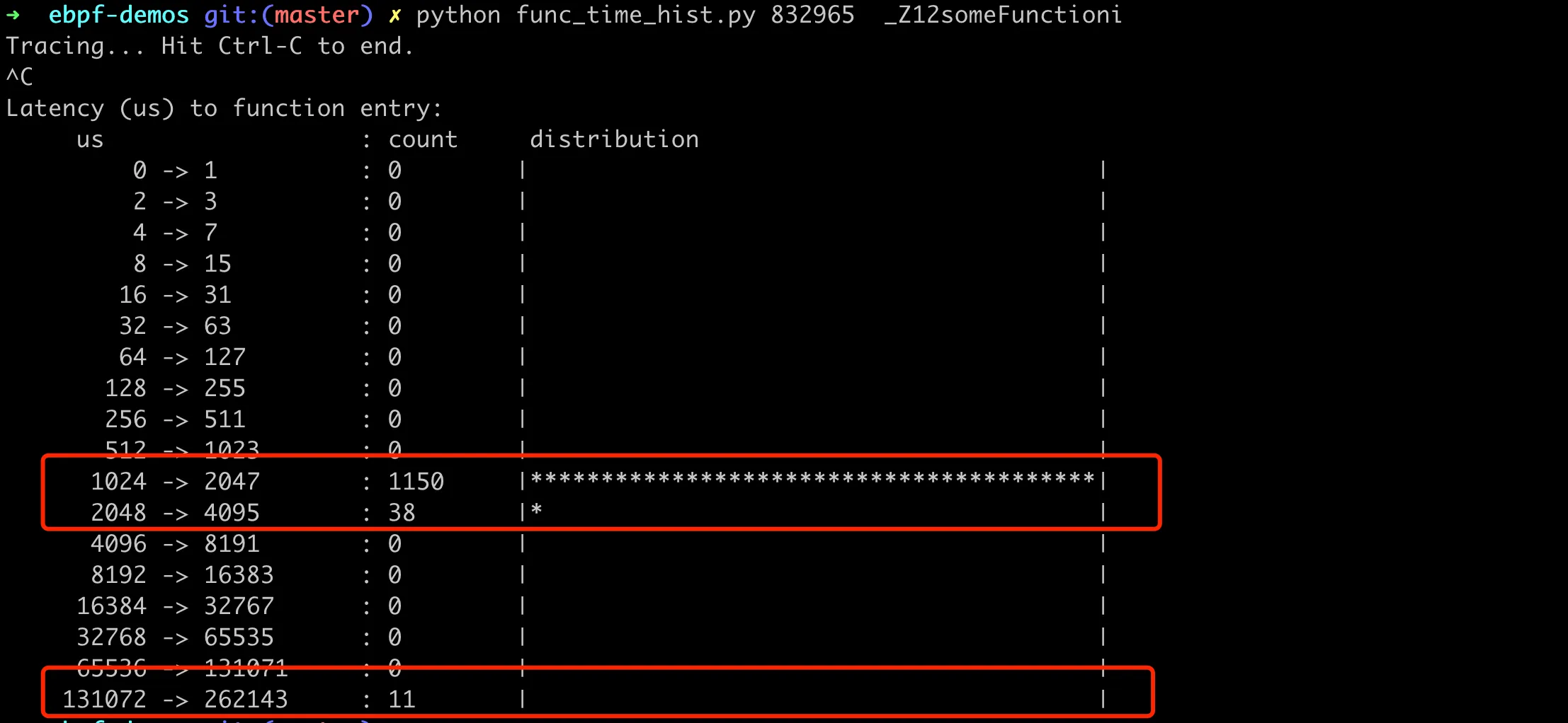 BCC script analyzing function call time distribution