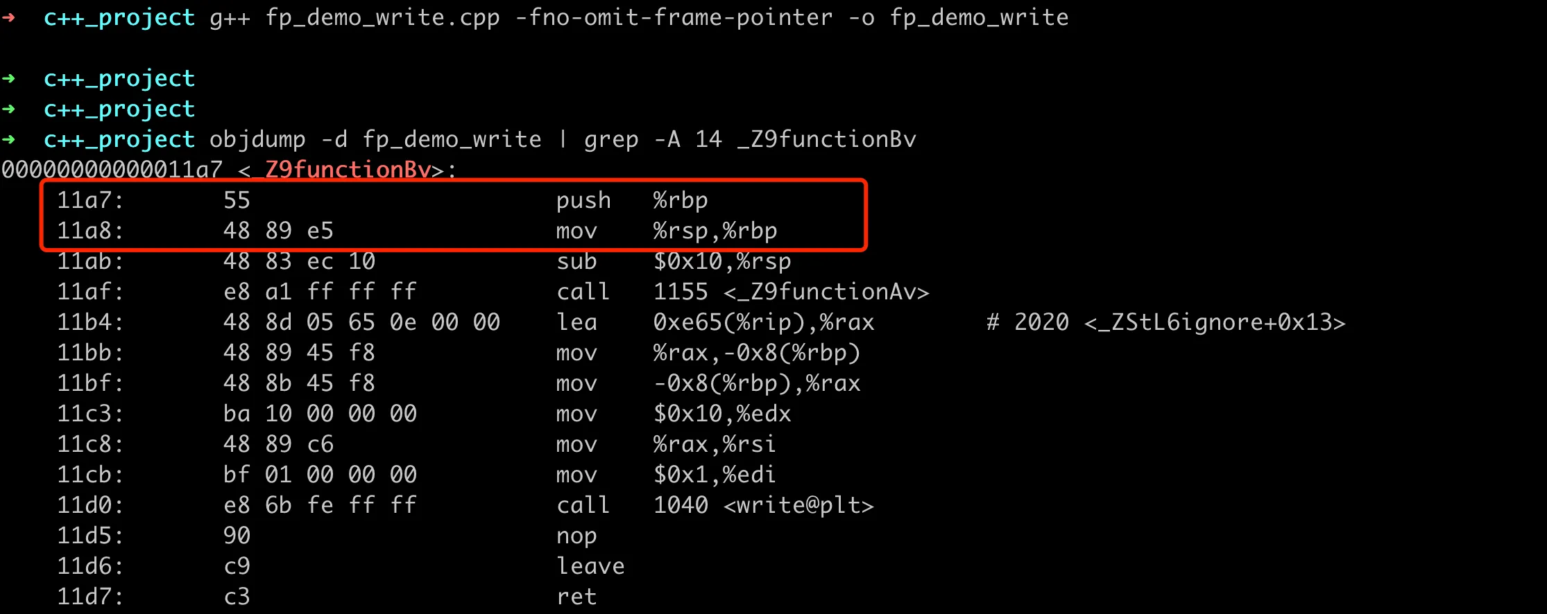 Verifying Frame Pointer rbp in Binary Assembly