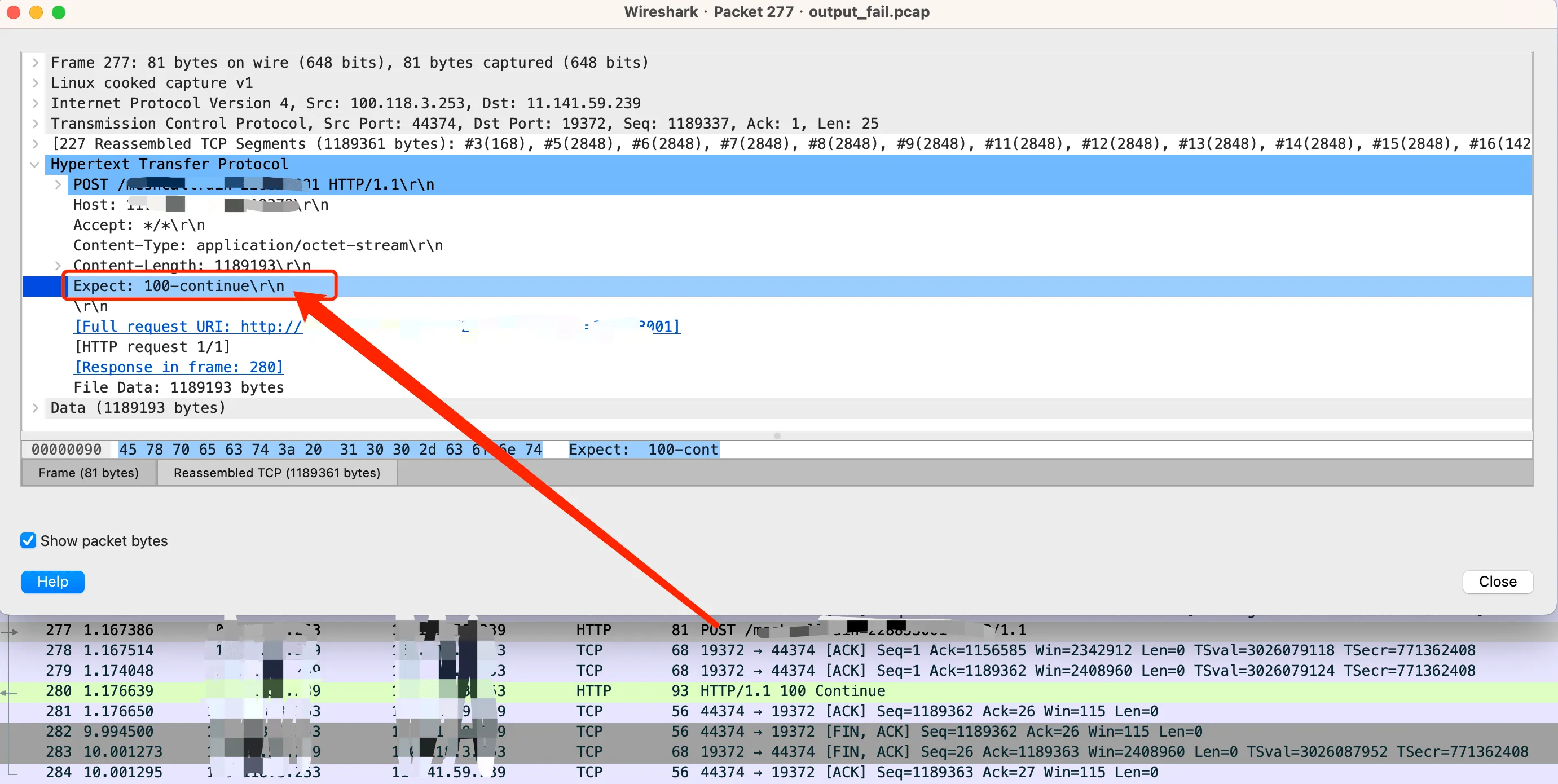 WireShark packet capture of HTTP expect: 100-continue