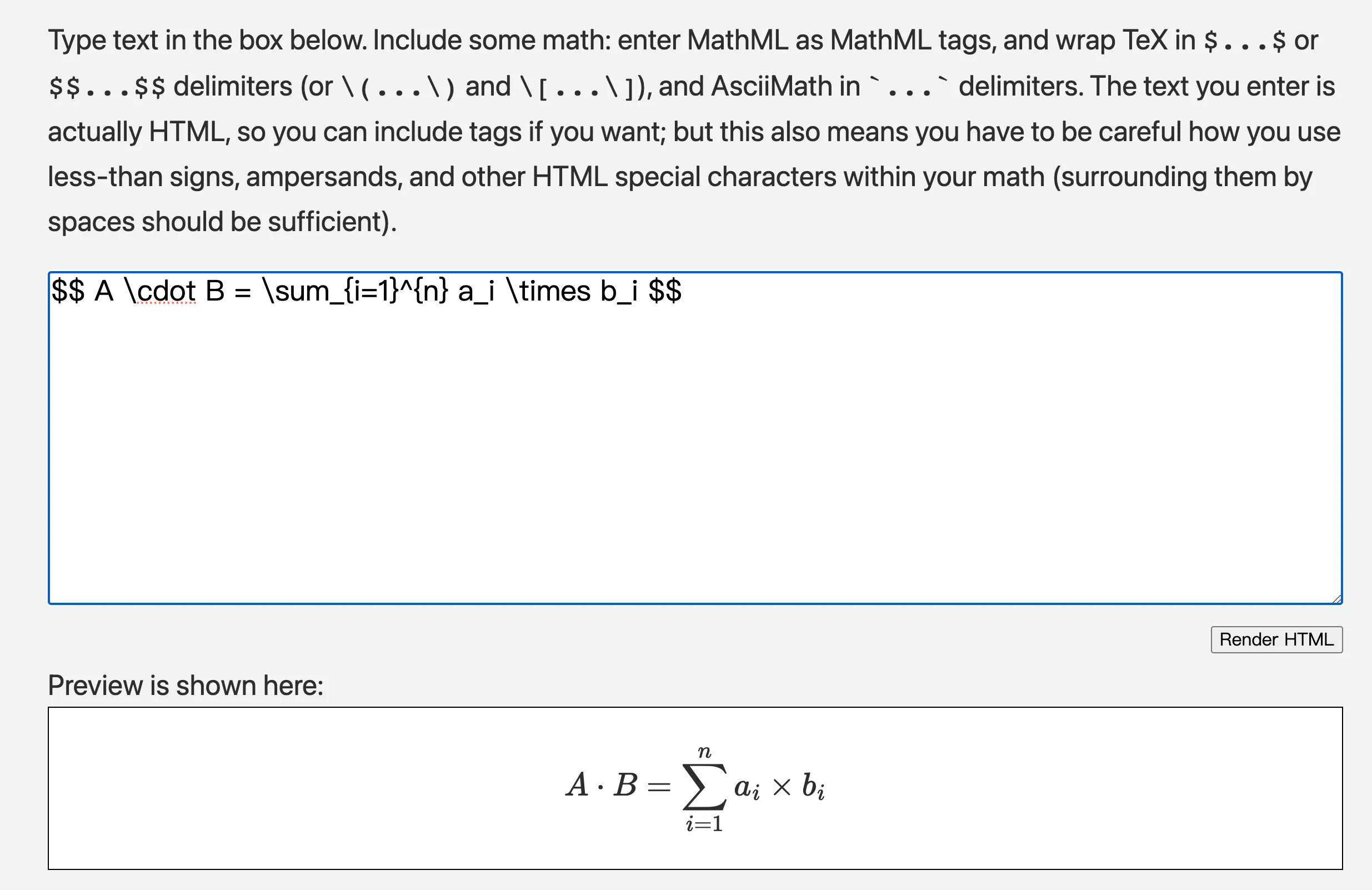 Online preview of mathematical formulas