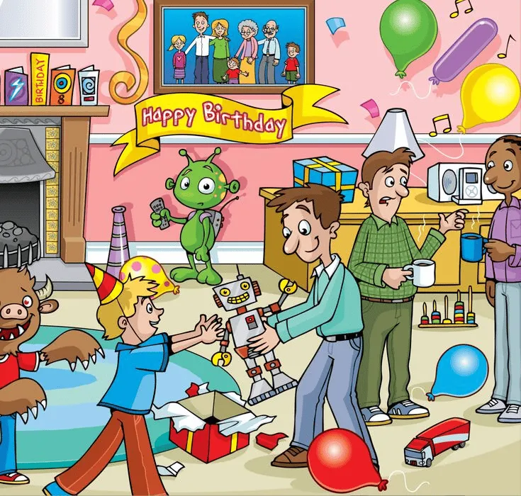 An illustration of a birthday celebration scene