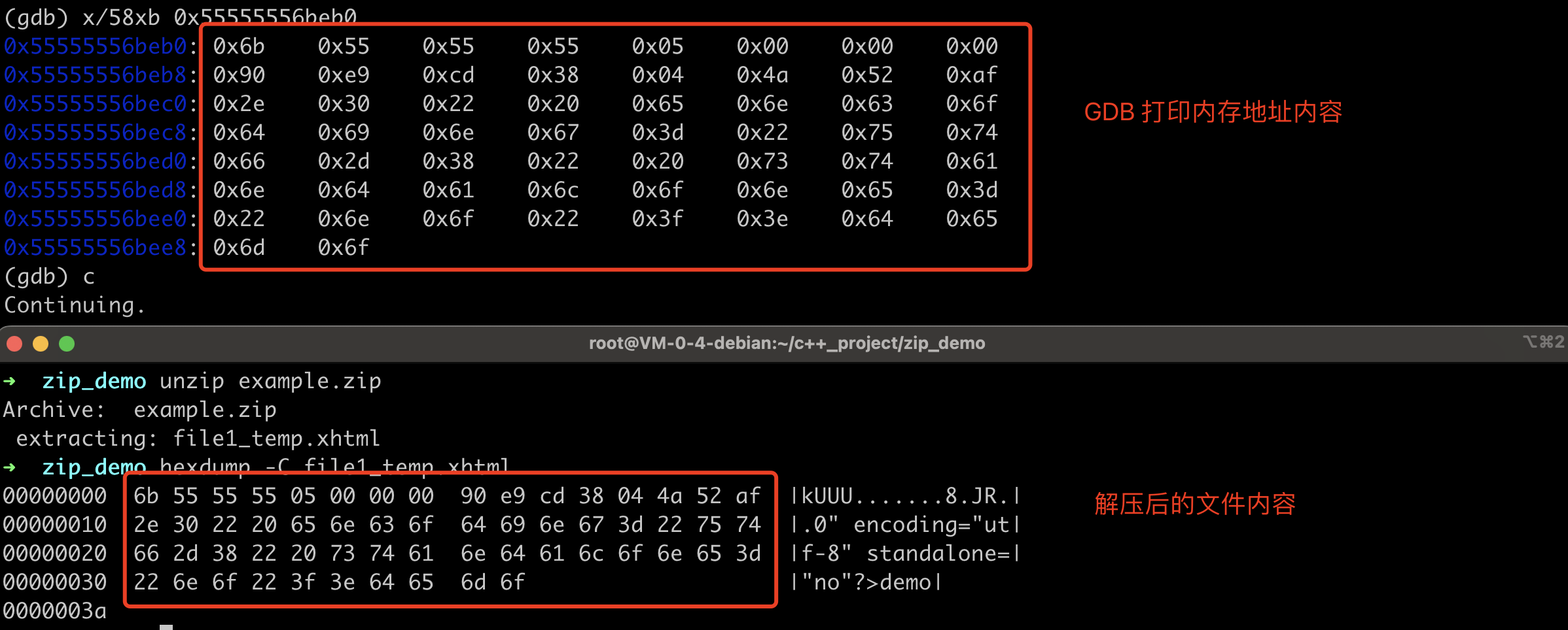 GDB 调试内存位置内容和解码后文件内容对比