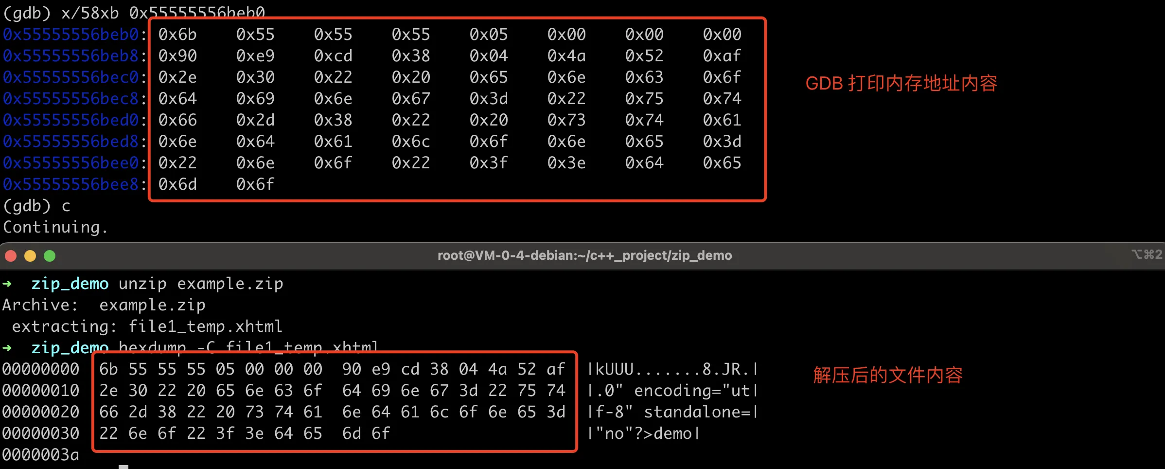 GDB Debug Memory Content and Decoded File Content Comparison