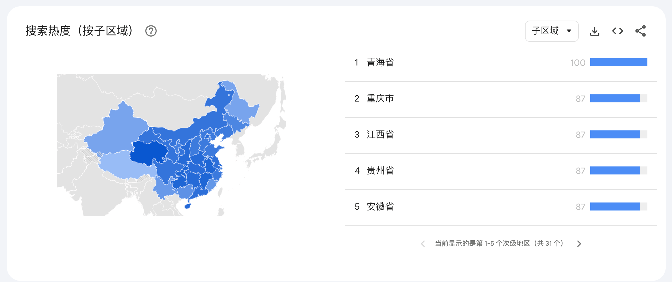 Google 中国范围内各省份的 ChatGPT 搜索热度