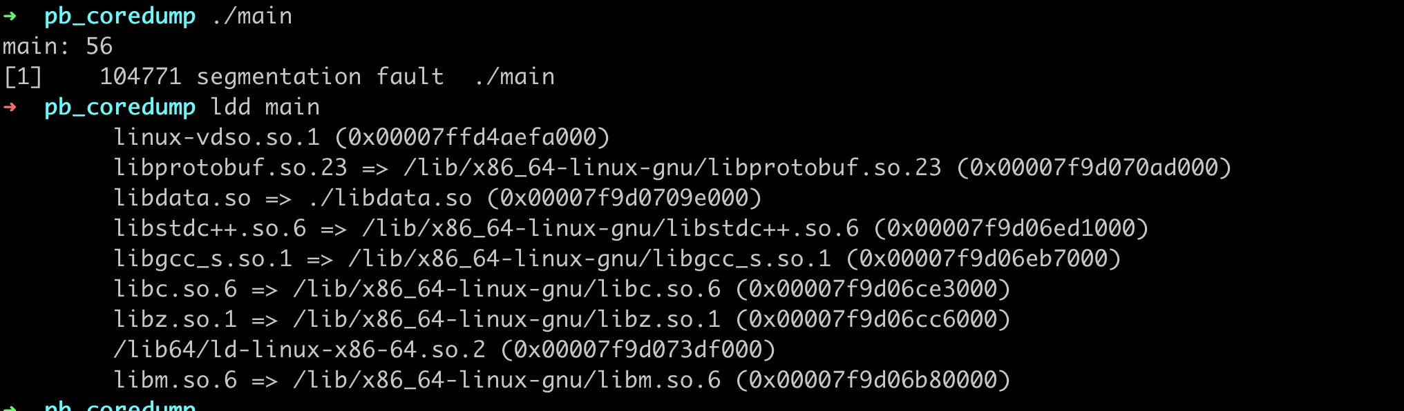 Successfully reproduced coredump