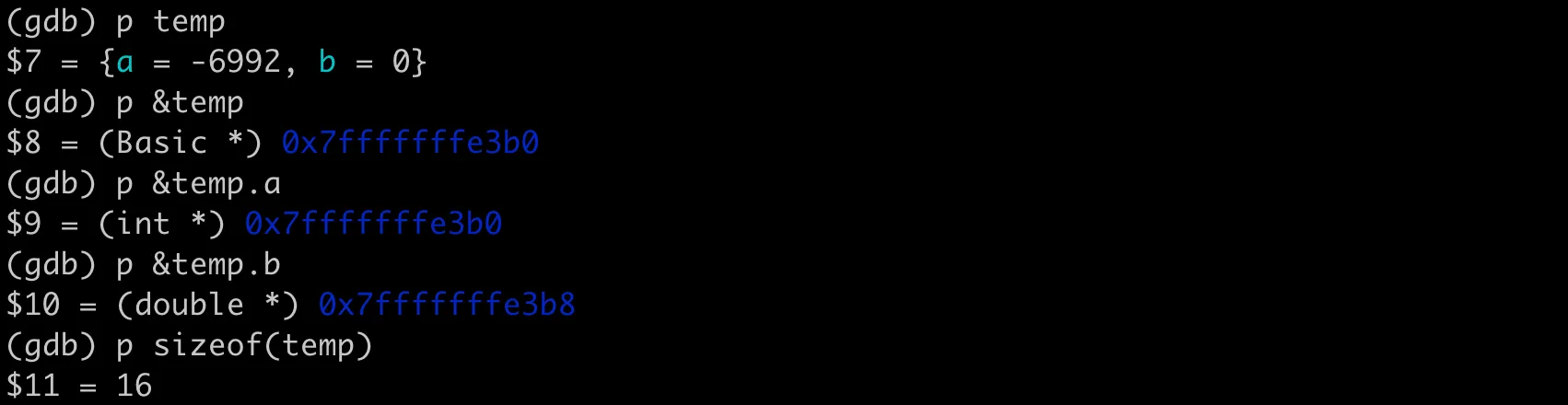 Basic data class memory distribution - GDB debugging